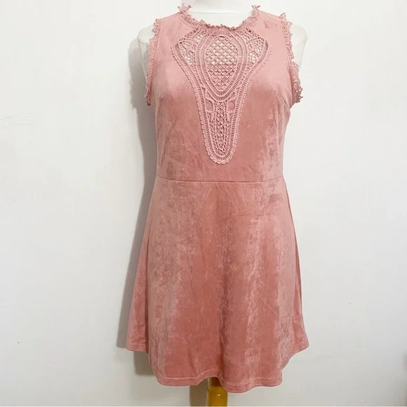 Rue21 Dresses | Rue21 Faux Suede Sleeveless Soft Fit and Flare Dress Embellished with Crochet L | Color: Pink | Size: L | Eriannaapparel's Closet